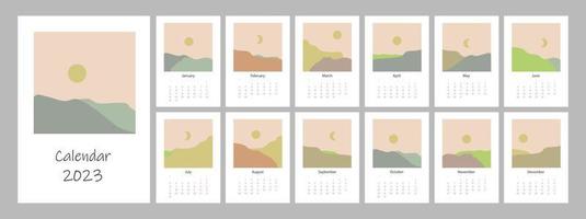 Calendar 2023 year template. Vertical design with abstract boho landscape. Editable illustration page template A4, A3, set of 12 months with cover. Vector mesh. Week starts on Monday.