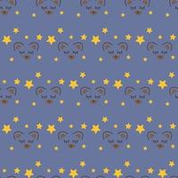 Seamless geometric pattern with bear face on blue background with stars in art cartoon style for kids. Vector print for fabric background