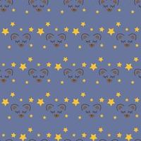 Seamless geometric pattern with bear face on blue background with stars in art cartoon style for kids. Vector print for fabric background