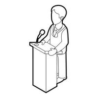 Orator speaking from tribune, outline style vector