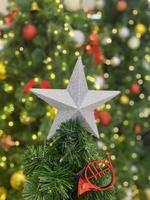 Star Christmas on tree background. Happy New year and Merry Christmas 2023 celebration concept photo