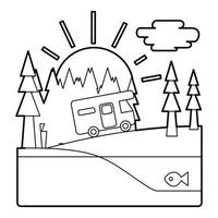 Trip by camper in forest concept, outline style vector