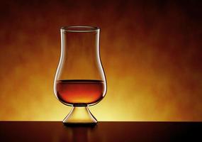 whisky escocés, bourbon o ron en un vaso sobre fondo ámbar - ilustración 3d foto
