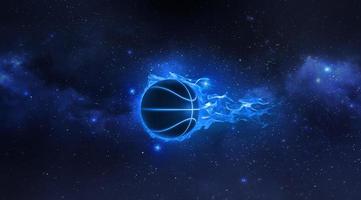 Basketball on light blue flames floating in the Planet view from space. 3d render photo
