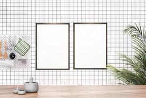 Empty room photo frame with tile wall, interior background image.