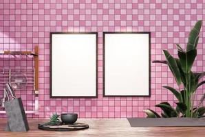 Empty room photo frame with tile wall, interior background image.