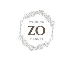 Colección de logotipos de monograma de boda con letras iniciales de zo, plantillas florales y minimalistas modernas dibujadas a mano para tarjetas de invitación, guardar la fecha, identidad elegante para restaurante, boutique, café en vector