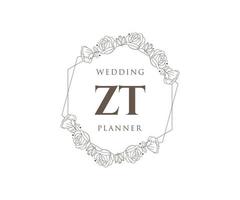 ZT Initials letter Wedding monogram logos collection, hand drawn modern minimalistic and floral templates for Invitation cards, Save the Date, elegant identity for restaurant, boutique, cafe in vector