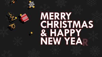 Merry Christmas and Happy New Year 3D Rendering, Christmas Balls, Gift Boxes, Candies, Stars, Snow Pattern and Confetti Falling Slow Motion in a Row video