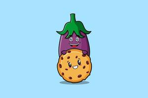 Cute Eggplant cartoon character hiding in biscuits vector