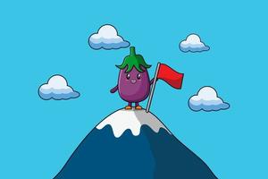 Illustration of cute Eggplant climbs top mountain vector
