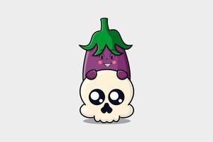 Cute Eggplant cartoon character hiding in skull vector