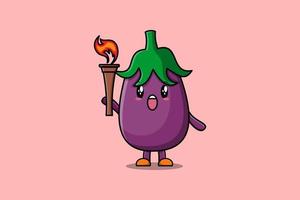 Illustration Eggplant cartoon holding fire torch vector