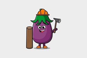 Cute cartoon Eggplant carpenter character with ax vector