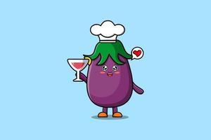 Cute cartoon Eggplant chef holding wine glass vector