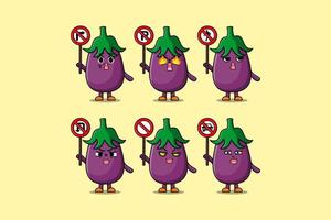 Cute Eggplant cartoon character hold traffic sign vector