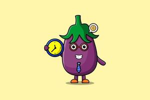 Cute cartoon Eggplant character holding clock vector