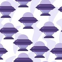 Seamless pattern of UFO spaceships in purple shades in cartoon style, flying objects and abstract spots on a white background vector