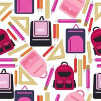 Seamless pattern of school backpacks, rulers and pencils in pink red shades on a white background vector