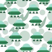 Seamless pattern of UFO spaceships in green shades in cartoon style, flying objects and abstract circles on a white background vector