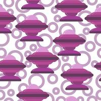 Seamless pattern of UFO spaceships in purple shades in cartoon style, flying objects and abstract circles on a white background vector