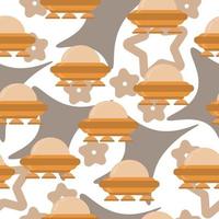 Seamless pattern of UFO spaceships in orange shades in cartoon style, flying objects and abstract spots on a white background vector