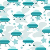 Seamless pattern of UFO spaceships in blue shades in cartoon style, flying objects and abstract spots on a white background vector