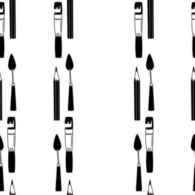 Brush, pencil and palette knife seamless pattern, vertical rows of silhouettes of drawing tools on a white background