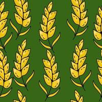 Seamless pattern of bright yellow spikelets on a dark green background vector