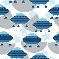 Seamless pattern of UFO spaceships in dark blue shades in cartoon style, flying objects and abstract spots and stars on a white background vector