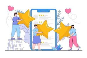 Customer reviews concept illustration. People holding rating stars. People leave feedback, comments, satisfaction level and positive vote. Modern flat cartoon style vector