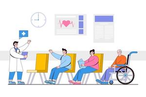 Patients sitting in chairs waiting appointment time at hospital doctor consultation. Doctor in uniform is welcoming visitors for medical diagnosis. Modern flat style illustration vector