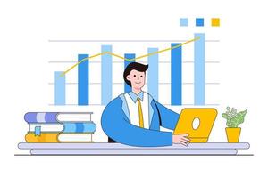 Male Office workers are studying the infographics, the analysis of the evolutionary scale. Vector illustration of business graphics, distance learning and education