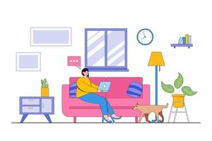 Happy woman sitting on sofa and working with laptop at home. Freelancer and home lifestyle concept. Can use for backgrounds, infographics, hero images. Modern vector illustration in flat style