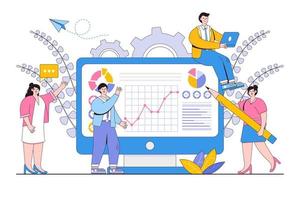 Office workers are studying the infographics, the analysis of the evolutionary scale. Vector illustration of business graphics, distance learning and education