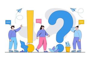 Frequently asked questions concept. Young woman and man with question and answer. People characters standing near exclamations and questions marks. Modern vector illustration in flat style