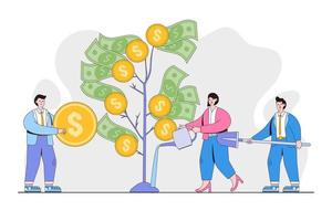 Business people growing, planting and watering a money tree. They are working together and doing profitable business. Vector illustration for business, finance, investment, growth, prosperity concept