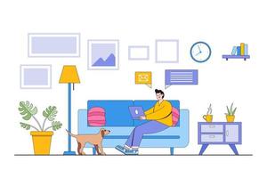 Happy man sitting on sofa and working with laptop at home. Freelancer and home lifestyle concept. Can use for backgrounds, infographics, hero images. Modern vector illustration in flat style