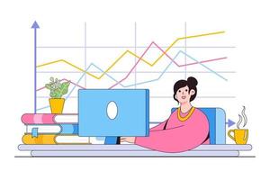 Female Office workers are studying the infographics, the analysis of the evolutionary scale. Vector illustration of business graphics, distance learning and education