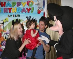 LOS ANGELES, DEC 4 - Adrienne Frantz Bailey, Amelie Bailey, Scott Bailey, Mickey Mouse character at the Amelie Bailey s 1st Birthday Party at Private Residence on December 4, 2016 in Studio CIty, CA photo