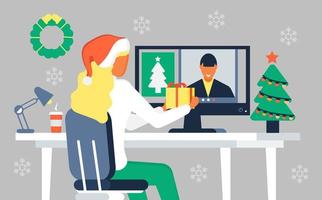 Christmas greetings online in quarantine, social distancing concept vector. The girl communicates with the guy by zoom, video call and shows the gift received by mail. vector