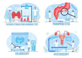 Hysteroscopy of uterus, womb, thyroid-stimulating hormone test, colonoscopy, intestine, para proctitis concept vector set. Endometriosis, endometrium dysfunctionality