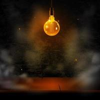 Glowing light bulb is hanging. Vector illustration light bulbs on dark black background, copyspace, transparent vector.