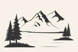 Mountain with pine trees and landscape black on white background. Vector illustration mountain with pine trees on white background. Mountain verctor illustration.