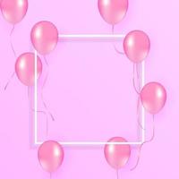 Balloons on pastel pink background. Frame made of white and pink balloons. Birthday, holiday concept. Flat lay, top view, copy space vector