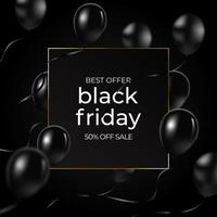 Black Friday banner, vector illustration. Gold glitter dots, luxury frame, golden calligraphic text, black realistic balloons. Graphic design elements for flyer, sale promo