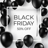 Flying Realistic Glossy Black Balloons with square white blank and frame, black friday concept on white background