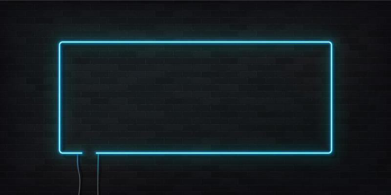 Futuristic Sci Fi Modern Neon Glowing Rectangle Frame for Banner on Dark Empty Grunge Concrete Brick Background. Vector Vintage Blue Turquoise Colored Lights. Retro Neon Sign.