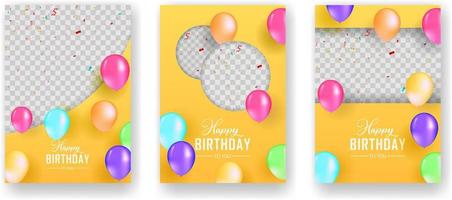 conjunto de plantillas de folleto de fiesta de cumpleaños. fondo de transparencia del espacio fotográfico. volante, folleto, concepto de folleto con ilustraciones realistas. invitación de celebración de feliz cumpleaños con espacio para fotos. vector