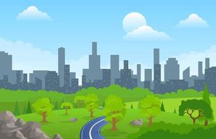 Road way to city buildings on horizon vector illustration, highway cityscape flat cartoon, modern big skyscrapers town far away ahead, forest perspective landscape and city view.